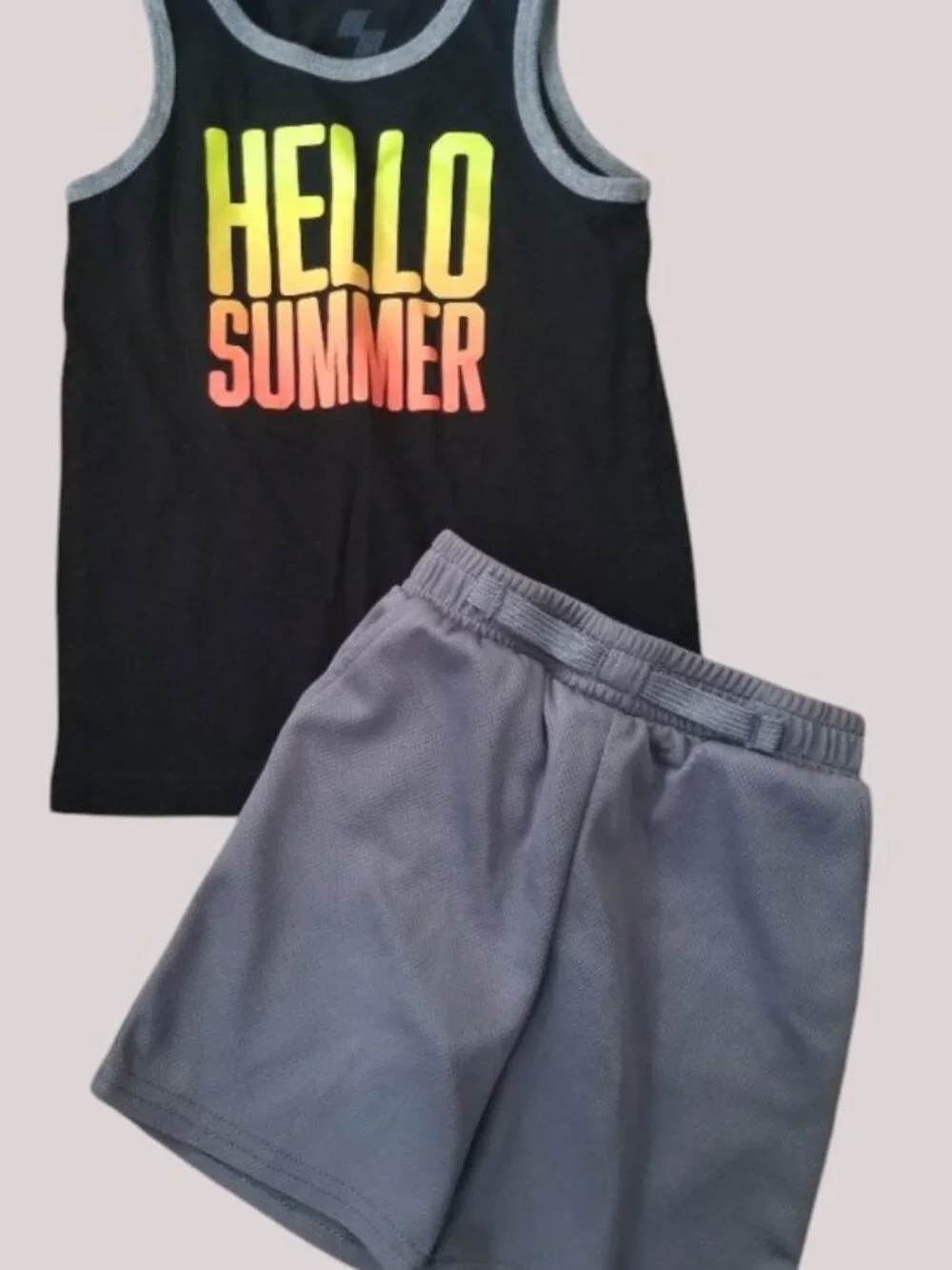 HELLO SUMMER Gray Shorts With Black Tank Top Short Set Boys Size 3T - Picture 2 of 3